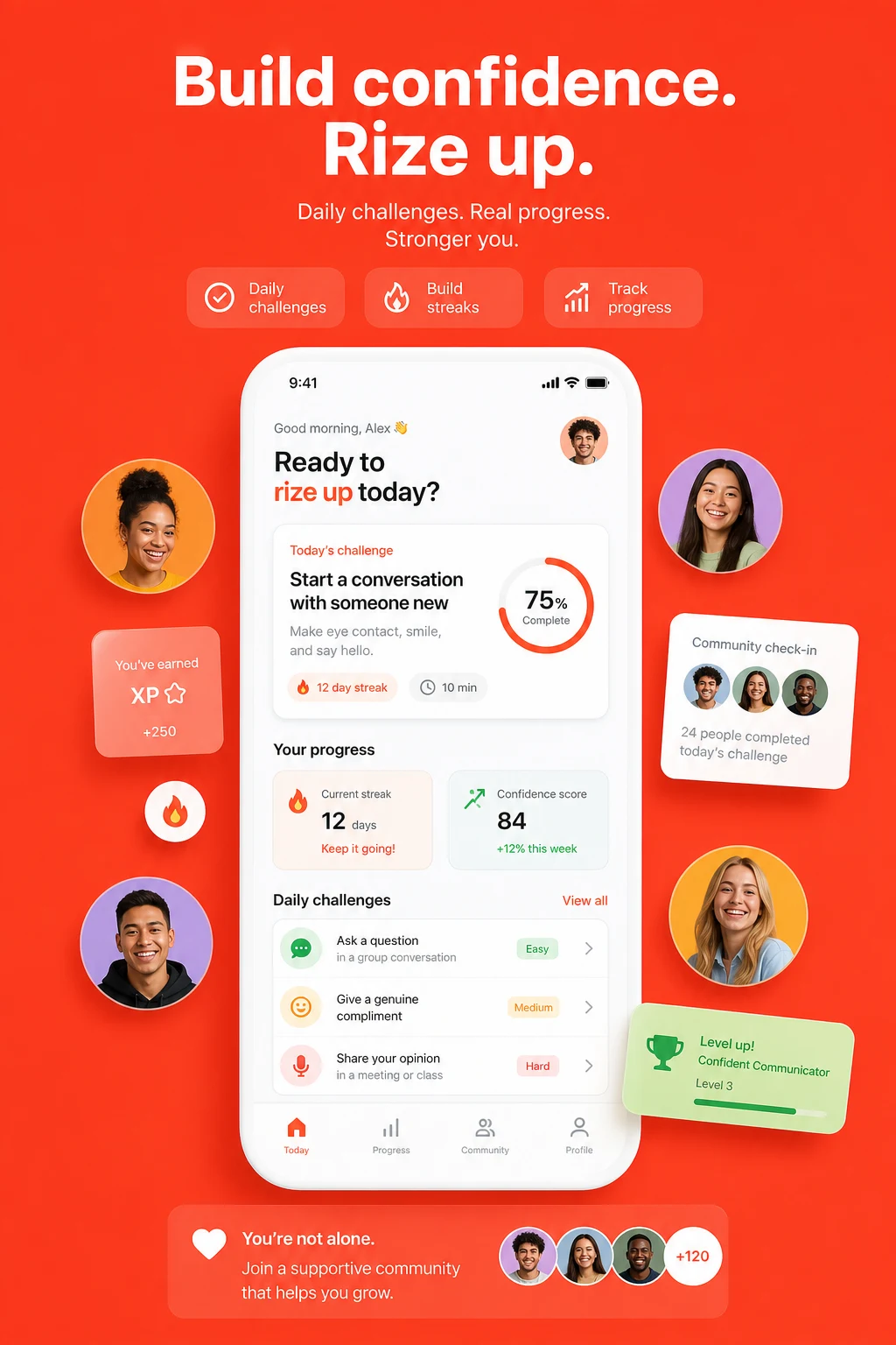 RizeUp daily confidence challenges and progress dashboard